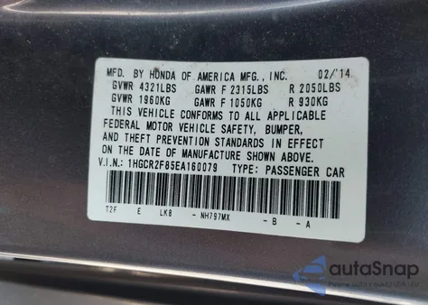 2014 Honda Accord Ex-L z USA, uszkodzony, nr VIN 1HGCR2F85EA160079